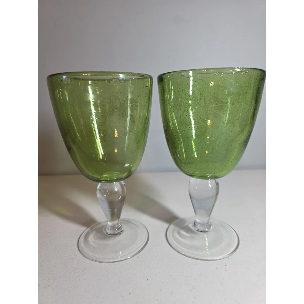Block Basics Hand Made in Japan 2 Green Wine Glasses with Etched Grape Design